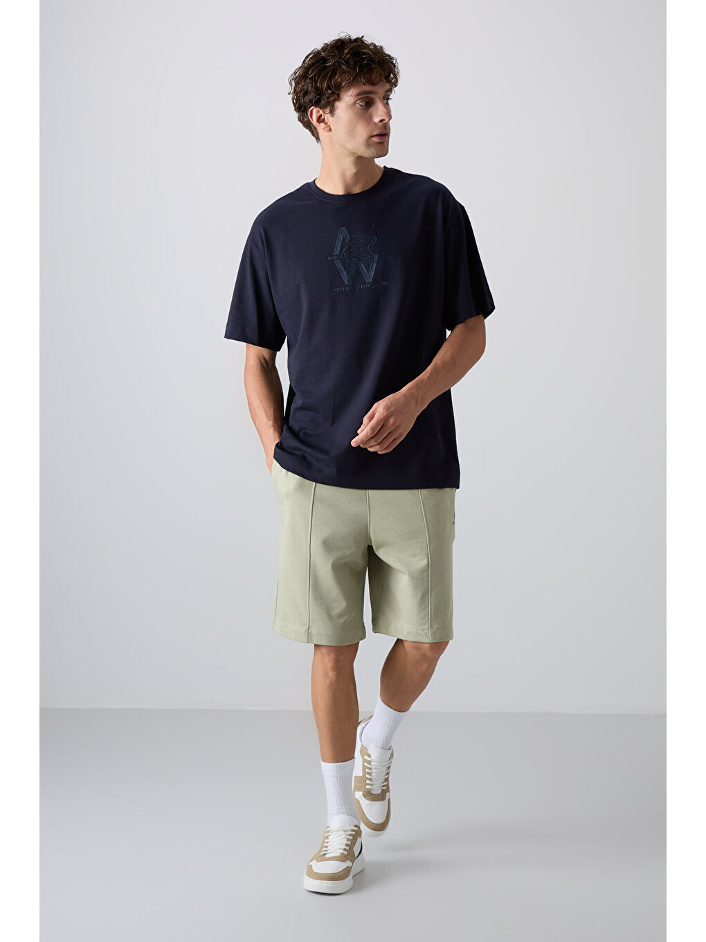 Lacivert Pamuklu Kalın Yumuşak Dokulu Oversize Fit Baskılı Erkek Tişört - 88332-1