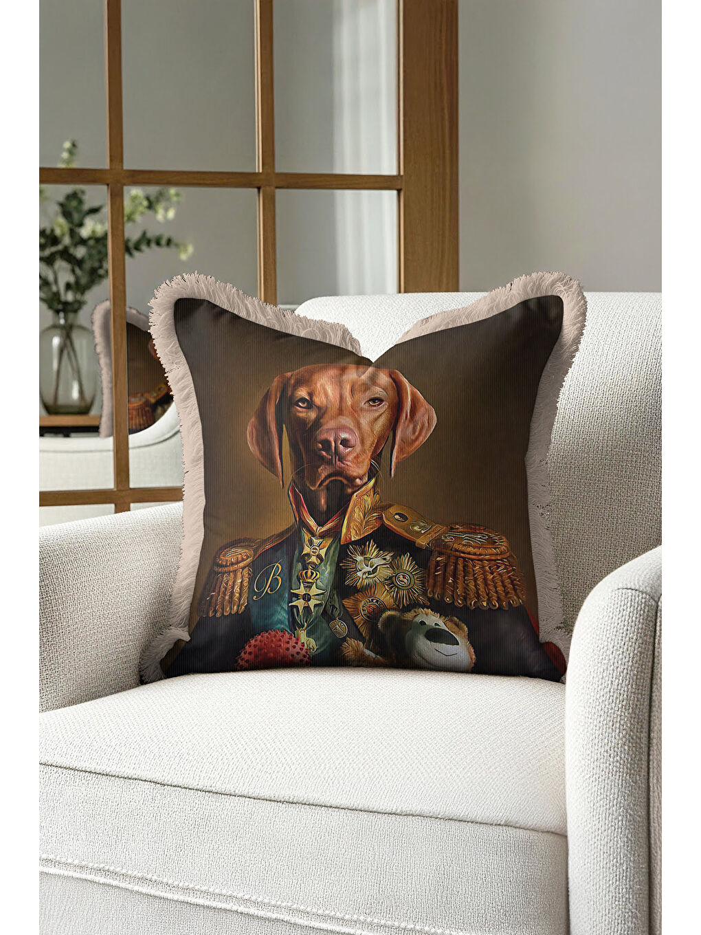 Karışık Asil Köpek Portre Saçaklı Yastık Kılıfı - Baron Figüratif Klasik Kahverengi Püsküllü Kırlent Kılıfı-1