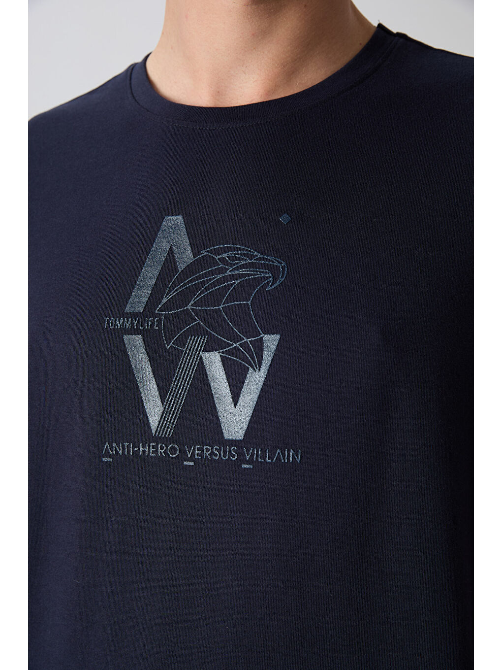 Lacivert Pamuklu Kalın Yumuşak Dokulu Oversize Fit Baskılı Erkek Tişört - 88332-2