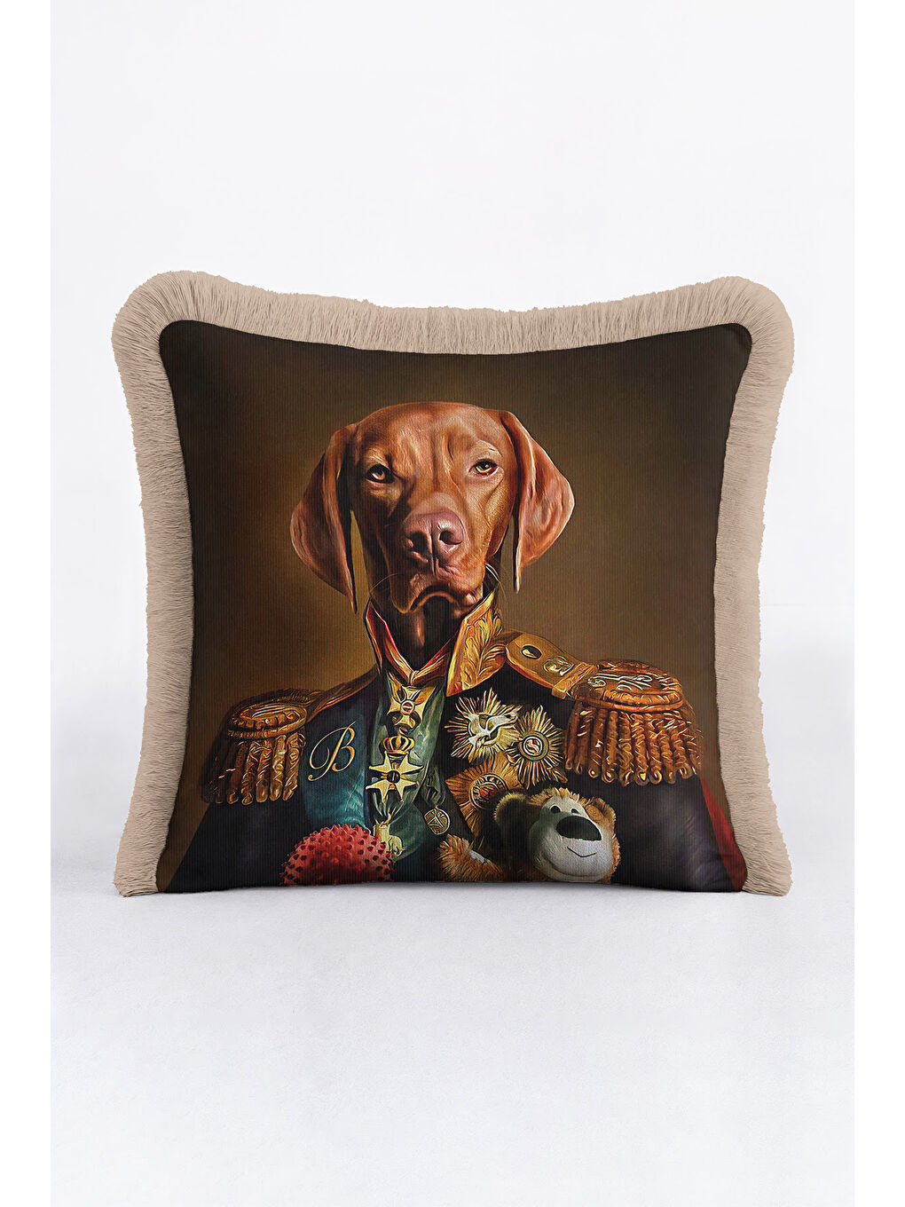 Karışık Asil Köpek Portre Saçaklı Yastık Kılıfı - Baron Figüratif Klasik Kahverengi Püsküllü Kırlent Kılıfı-2