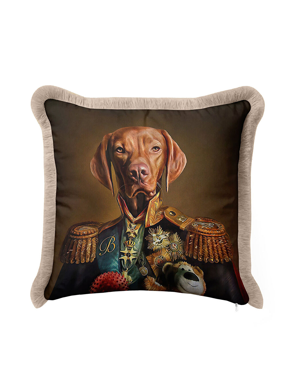 Karışık Asil Köpek Portre Saçaklı Yastık Kılıfı - Baron Figüratif Klasik Kahverengi Püsküllü Kırlent Kılıfı-3