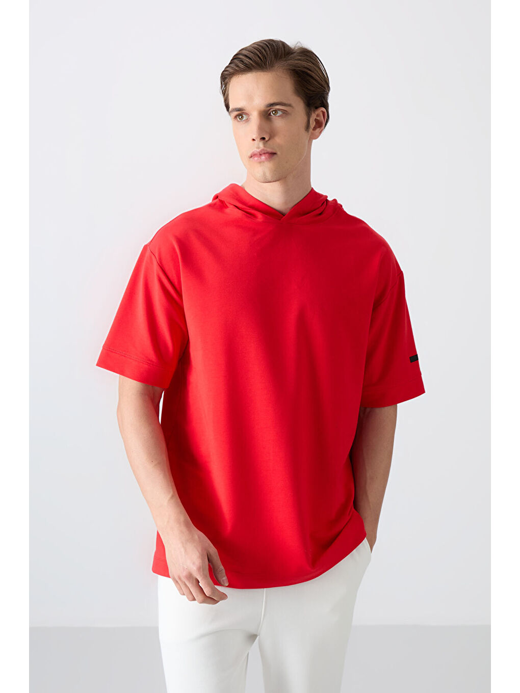 Kırmızı Pamuklu Kalın Yumuşak Dokulu Oversize Fit Basic Erkek Tişört - 88352