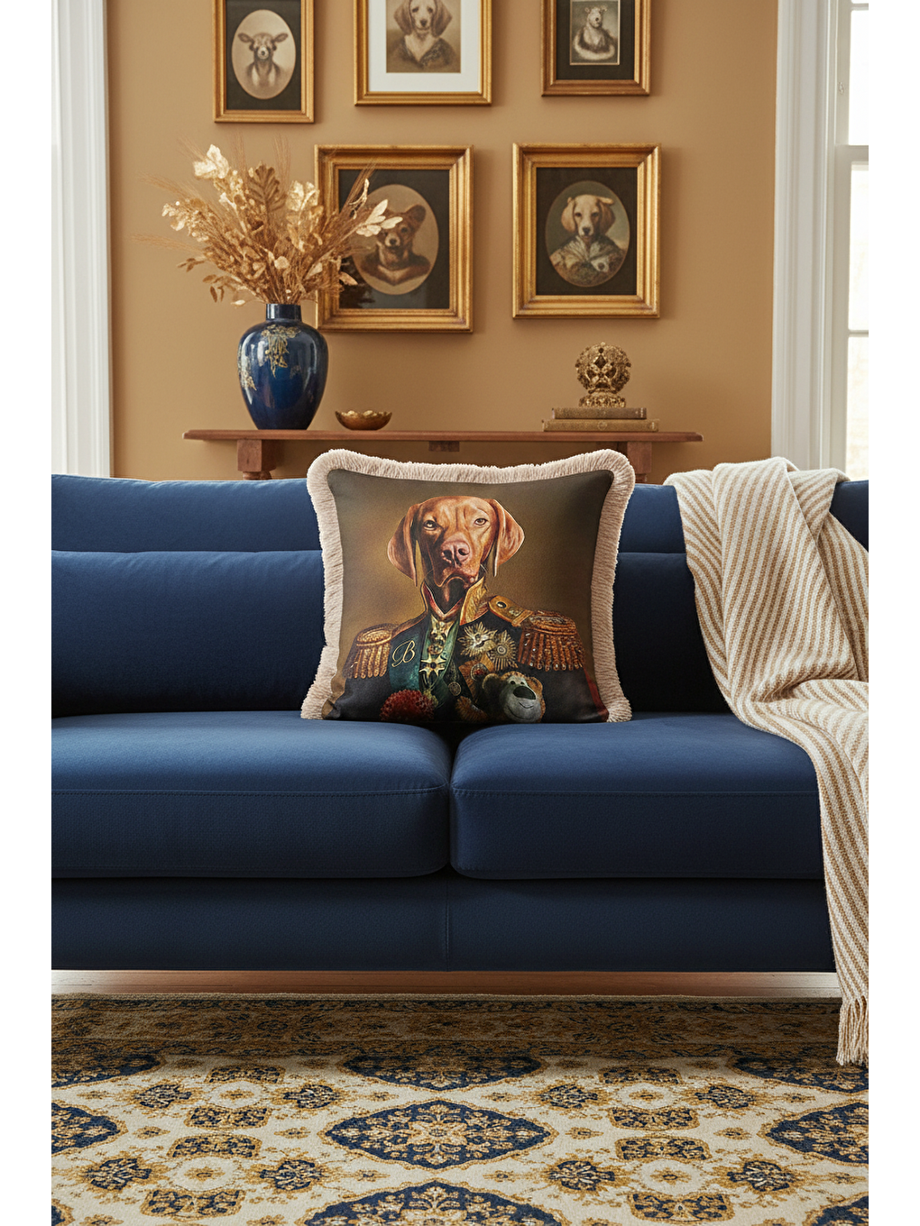 Karışık Asil Köpek Portre Saçaklı Yastık Kılıfı - Baron Figüratif Klasik Kahverengi Püsküllü Kırlent Kılıfı-4