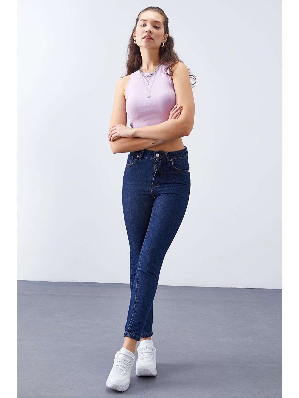 Koyu Mavi Yüksek Bel Dar Kalıp Kadın Pantolon - 94612