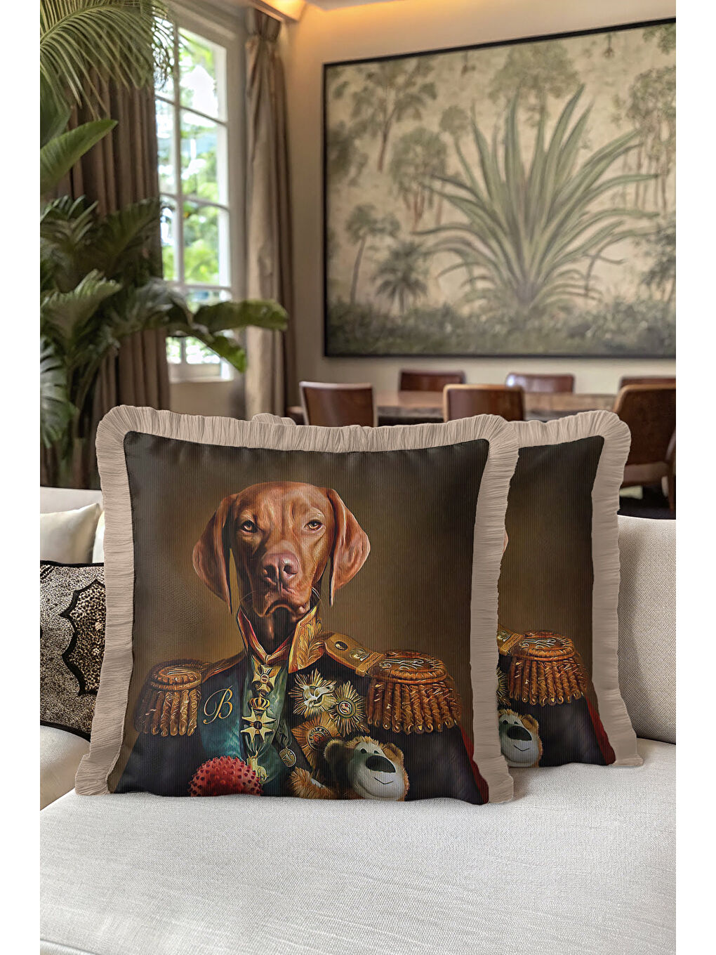 Karışık Asil Köpek Portre Saçaklı Yastık Kılıfı - Baron Figüratif Klasik Kahverengi Püsküllü Kırlent Kılıfı-5