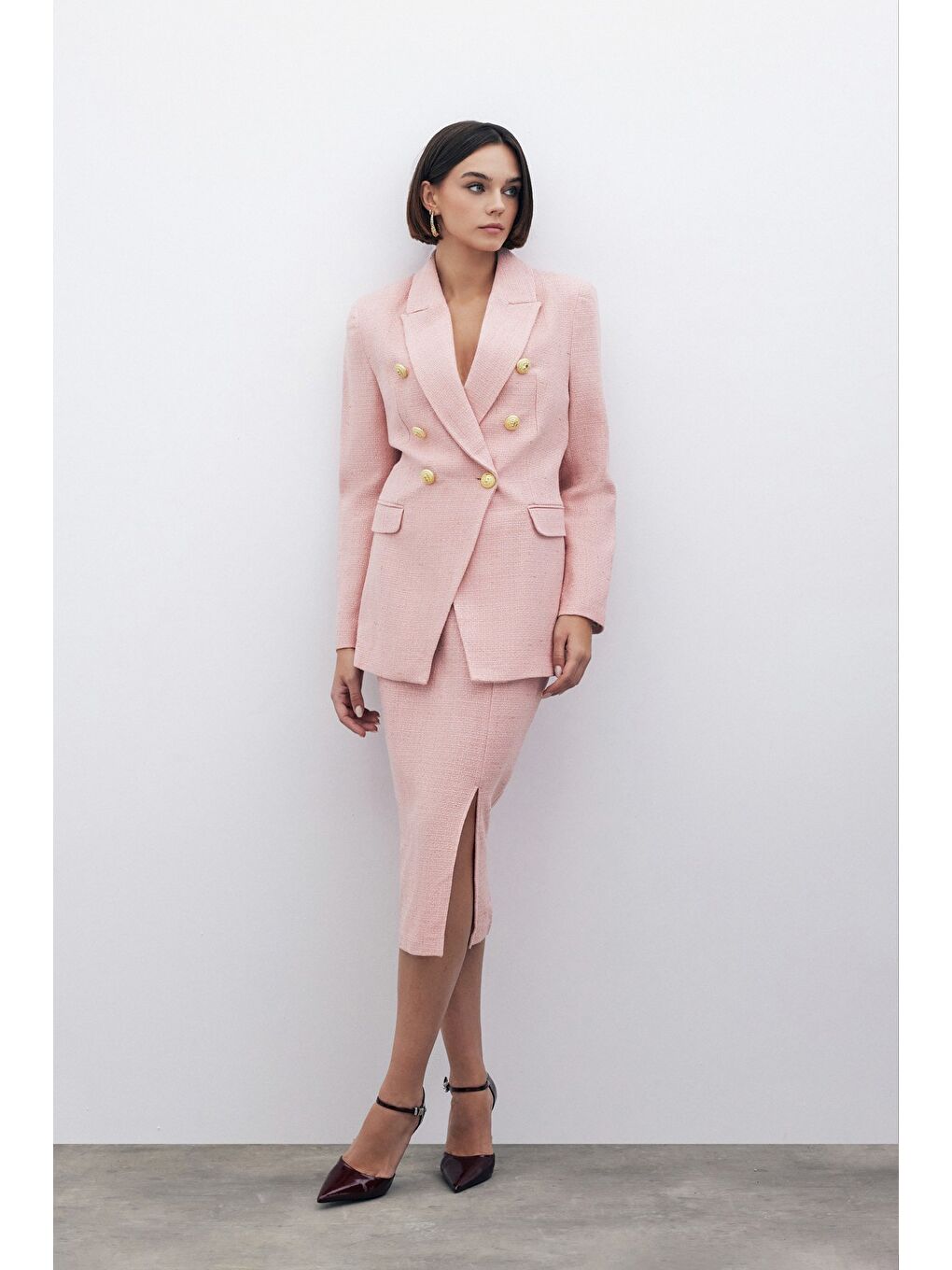 Pembe Simli Midi Boy Tüvit Etek - Pudra-1