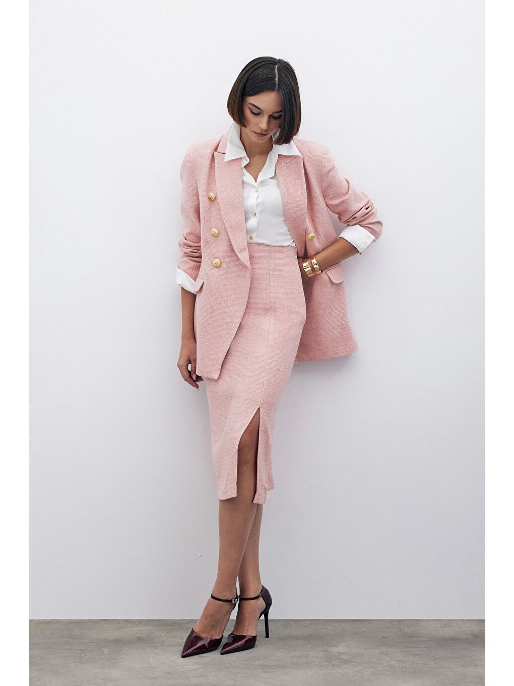 Pembe Simli Midi Boy Tüvit Etek - Pudra-2