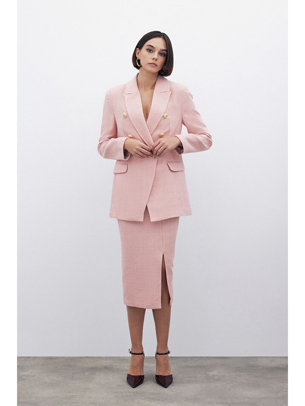 Pembe Simli Midi Boy Tüvit Etek - Pudra-3