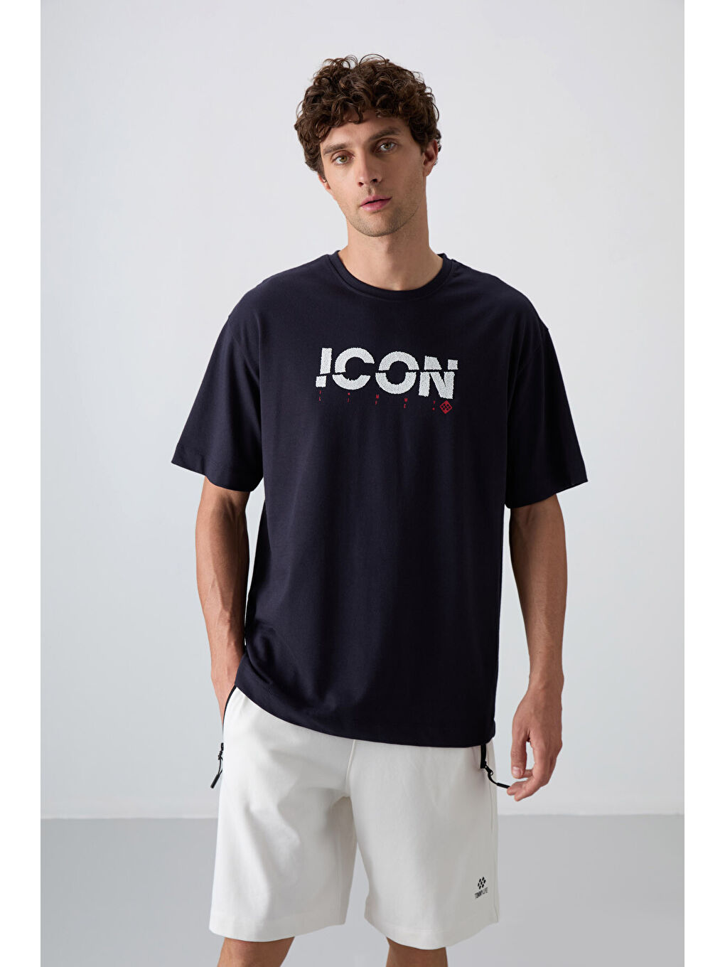 Lacivert Pamuklu Kalın Yumuşak Dokulu Oversize Fit Baskılı Erkek Tişört - 88331