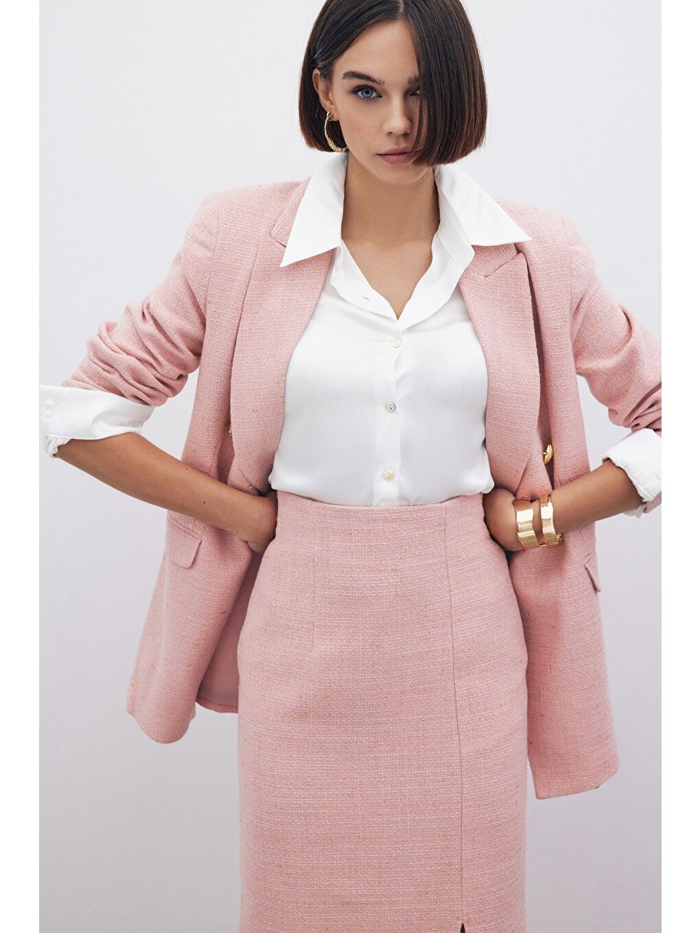 Pembe Simli Midi Boy Tüvit Etek - Pudra-4