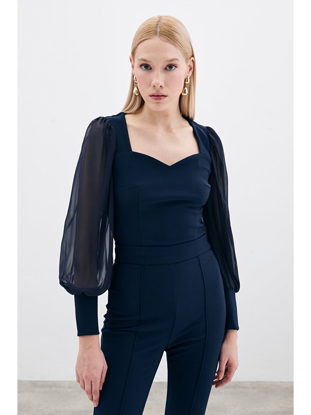 Balon Kol Crop Bluz - Lacivert