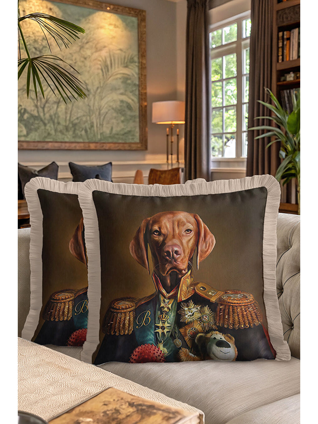 Karışık Asil Köpek Portre Saçaklı Yastık Kılıfı - Baron Figüratif Klasik Kahverengi Püsküllü Kırlent Kılıfı-7