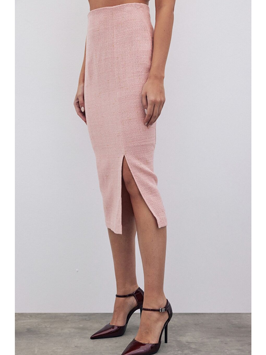 Pembe Simli Midi Boy Tüvit Etek - Pudra-5