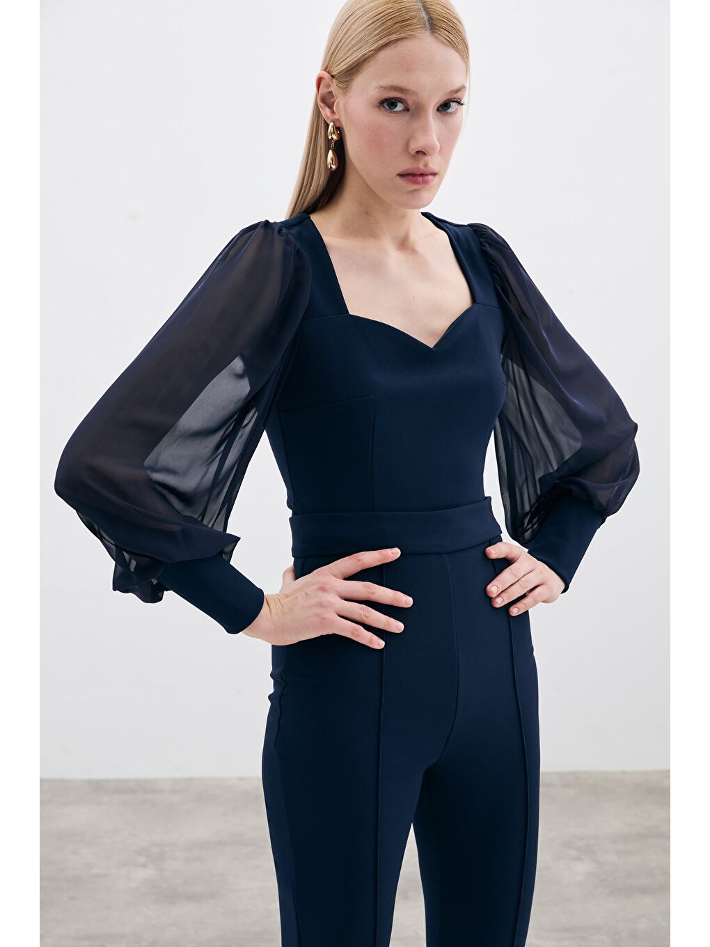 Balon Kol Crop Bluz - Lacivert-1