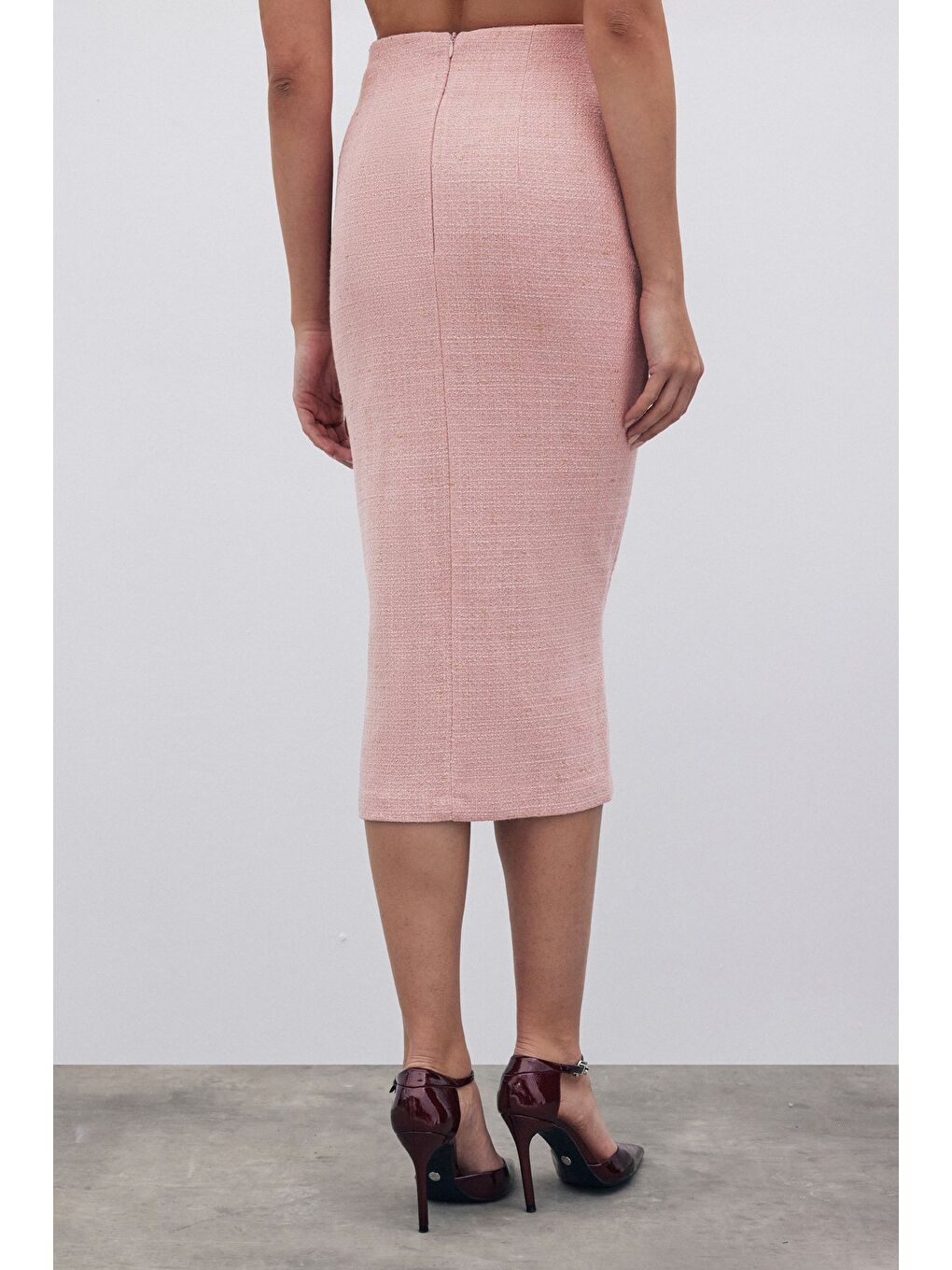 Pembe Simli Midi Boy Tüvit Etek - Pudra-6