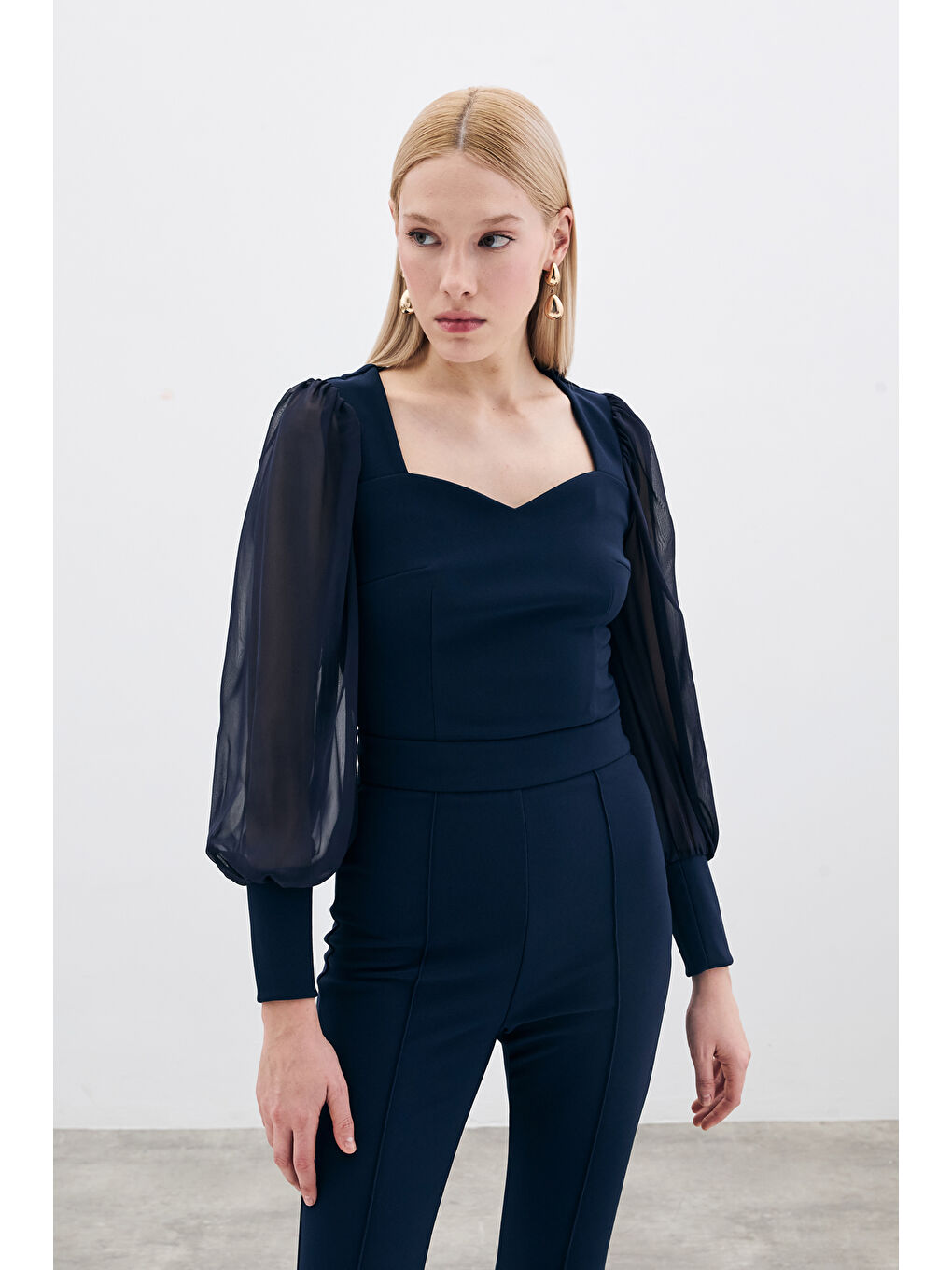 Balon Kol Crop Bluz - Lacivert-2