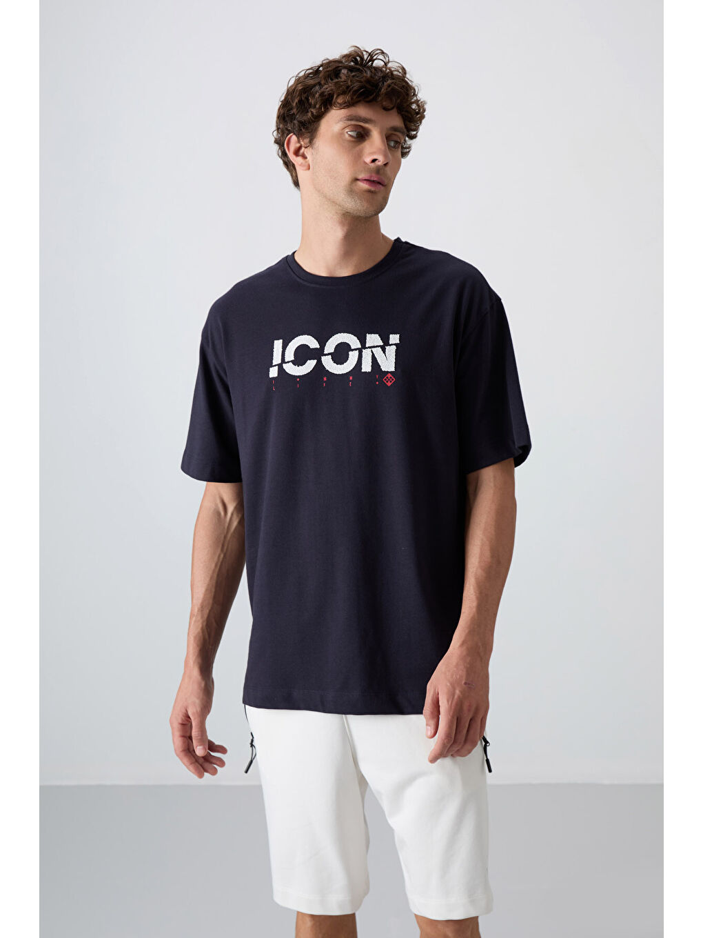 Lacivert Pamuklu Kalın Yumuşak Dokulu Oversize Fit Baskılı Erkek Tişört - 88331-2