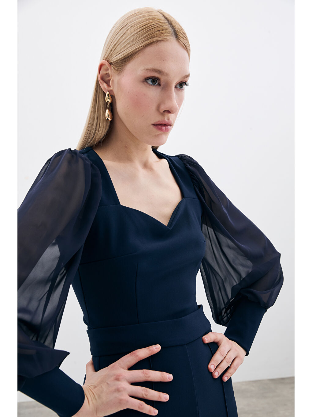 Balon Kol Crop Bluz - Lacivert-3