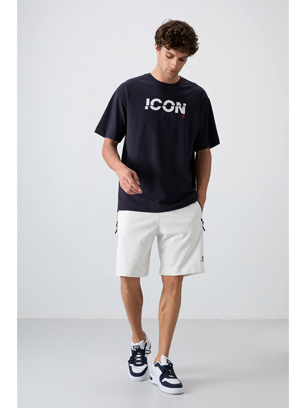 Lacivert Pamuklu Kalın Yumuşak Dokulu Oversize Fit Baskılı Erkek Tişört - 88331-3