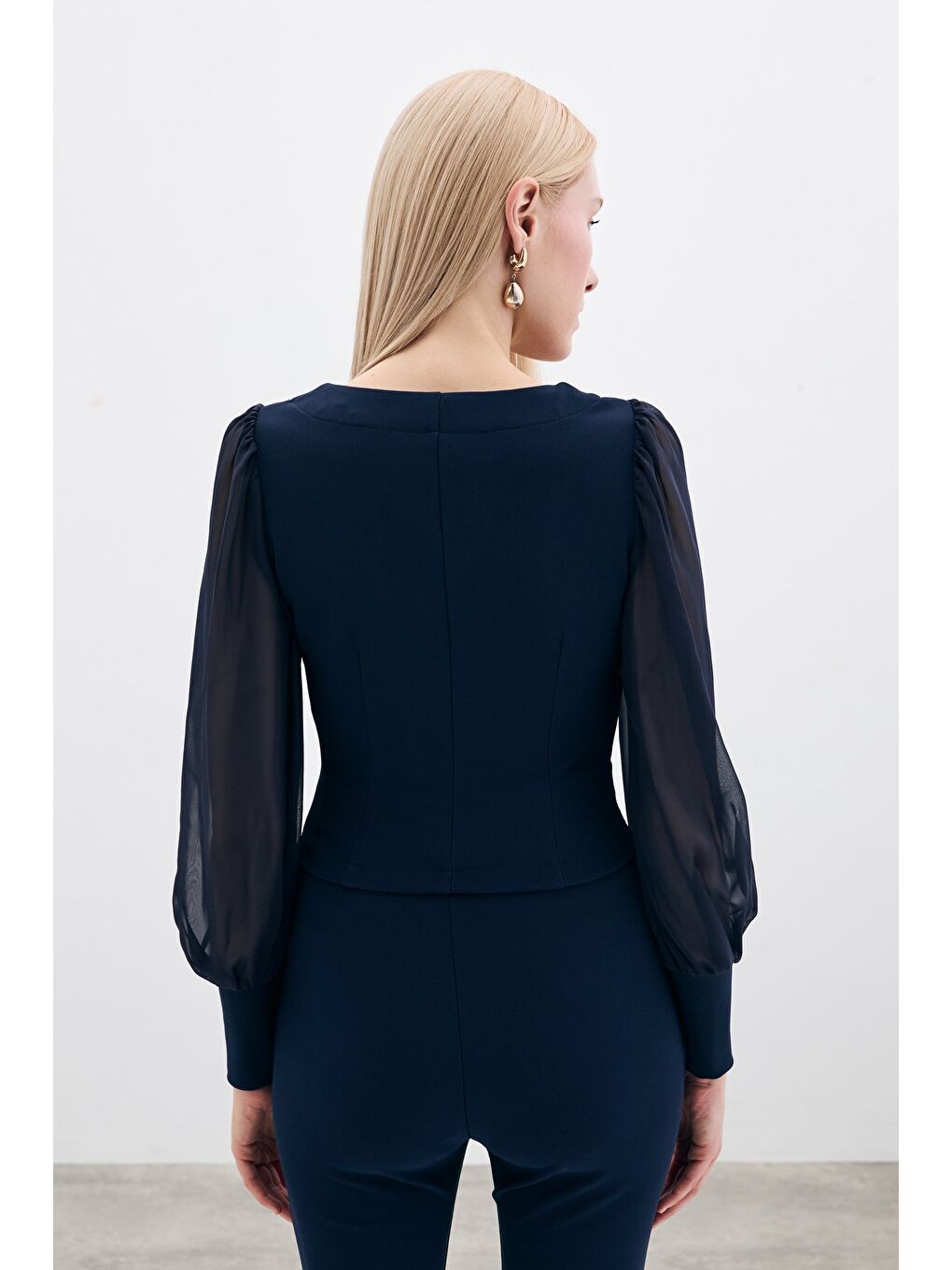 Balon Kol Crop Bluz - Lacivert-5