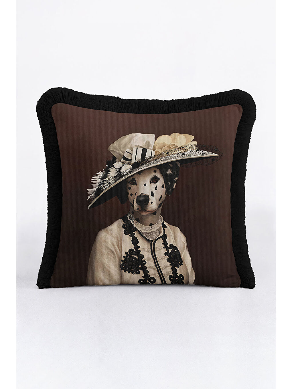 Karışık Avangart Portre Saçaklı Yastık Kılıfı - Viktoryen Stil Karamel Siyah Püsküllü Kırlent Kılıfı-1