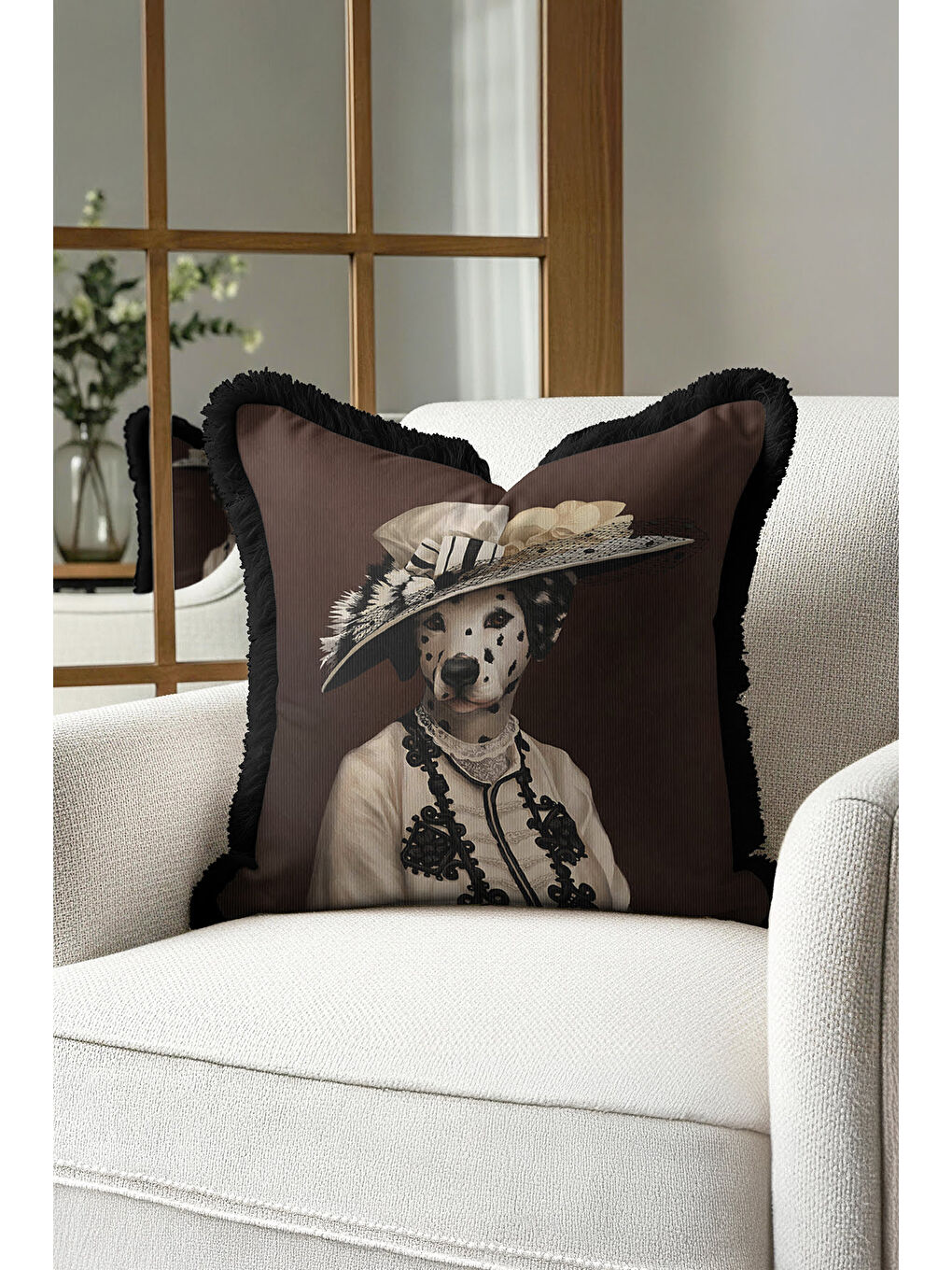 Karışık Avangart Portre Saçaklı Yastık Kılıfı - Viktoryen Stil Karamel Siyah Püsküllü Kırlent Kılıfı-2