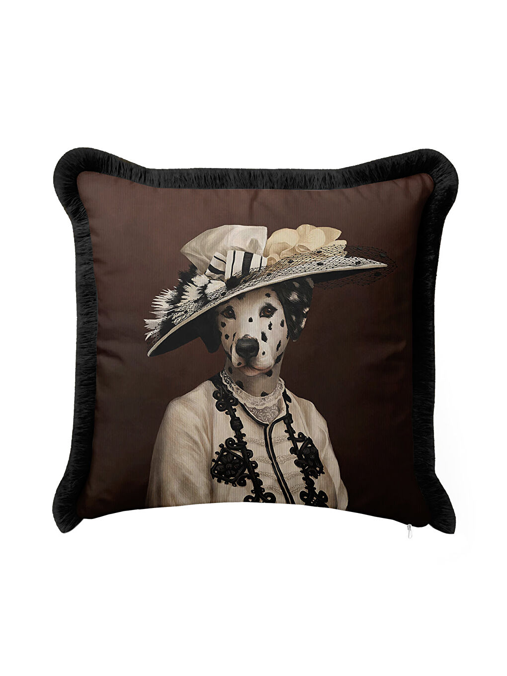 Karışık Avangart Portre Saçaklı Yastık Kılıfı - Viktoryen Stil Karamel Siyah Püsküllü Kırlent Kılıfı-3