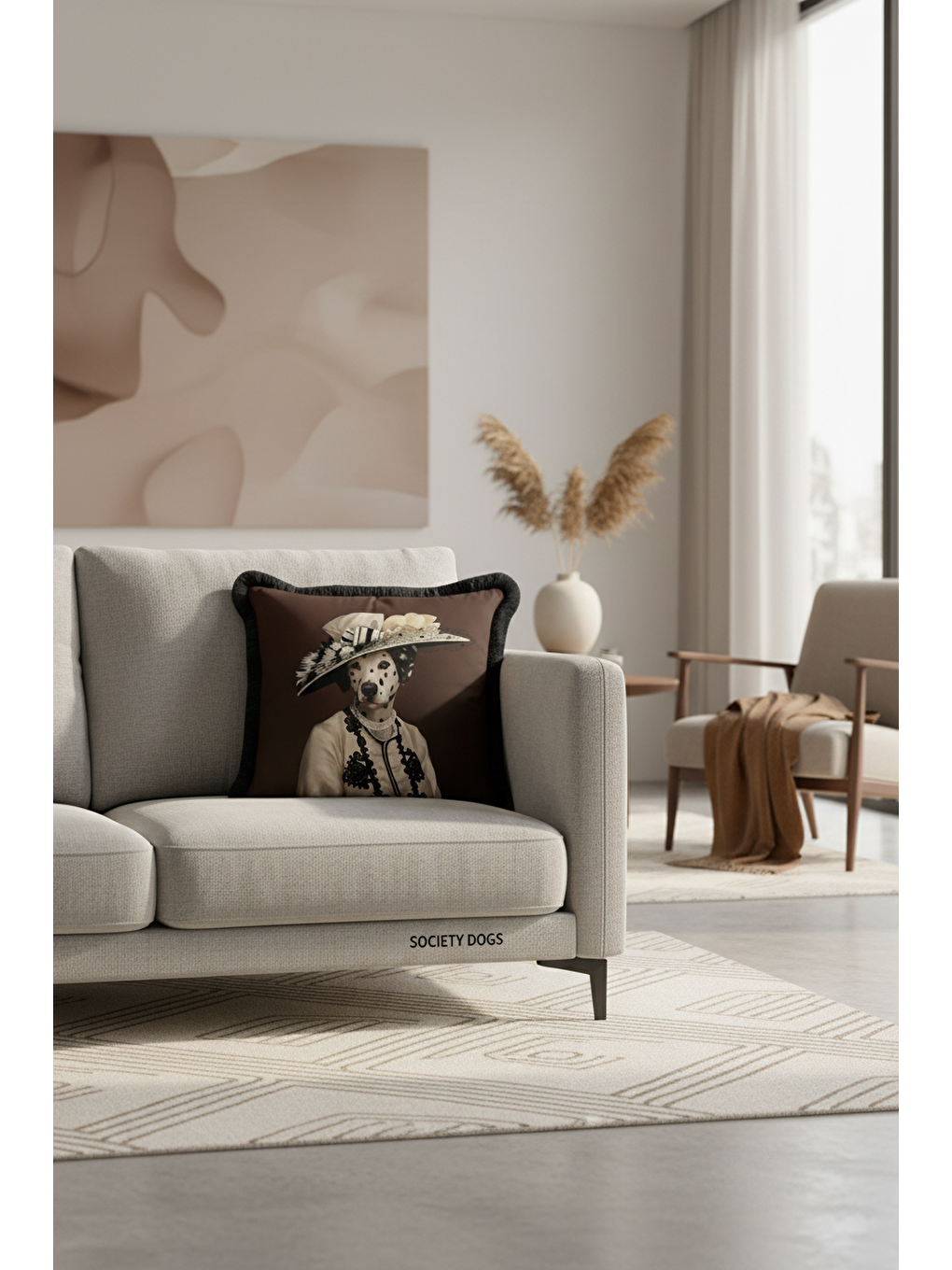 Karışık Avangart Portre Saçaklı Yastık Kılıfı - Viktoryen Stil Karamel Siyah Püsküllü Kırlent Kılıfı-4