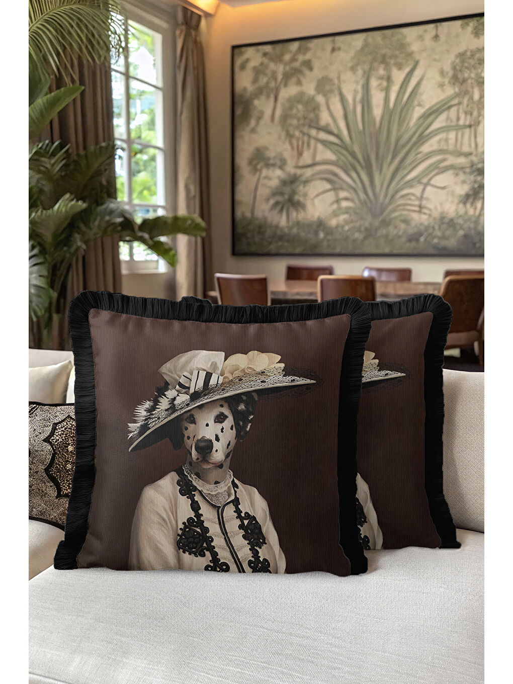 Karışık Avangart Portre Saçaklı Yastık Kılıfı - Viktoryen Stil Karamel Siyah Püsküllü Kırlent Kılıfı-5