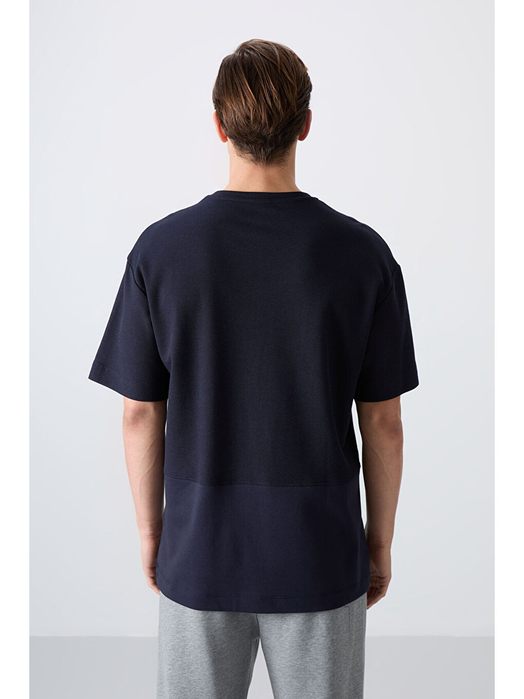 Lacivert Pamuklu Kalın Yüzeyi Dokulu Oversize Fit Basic Erkek Tişört - 88337-3