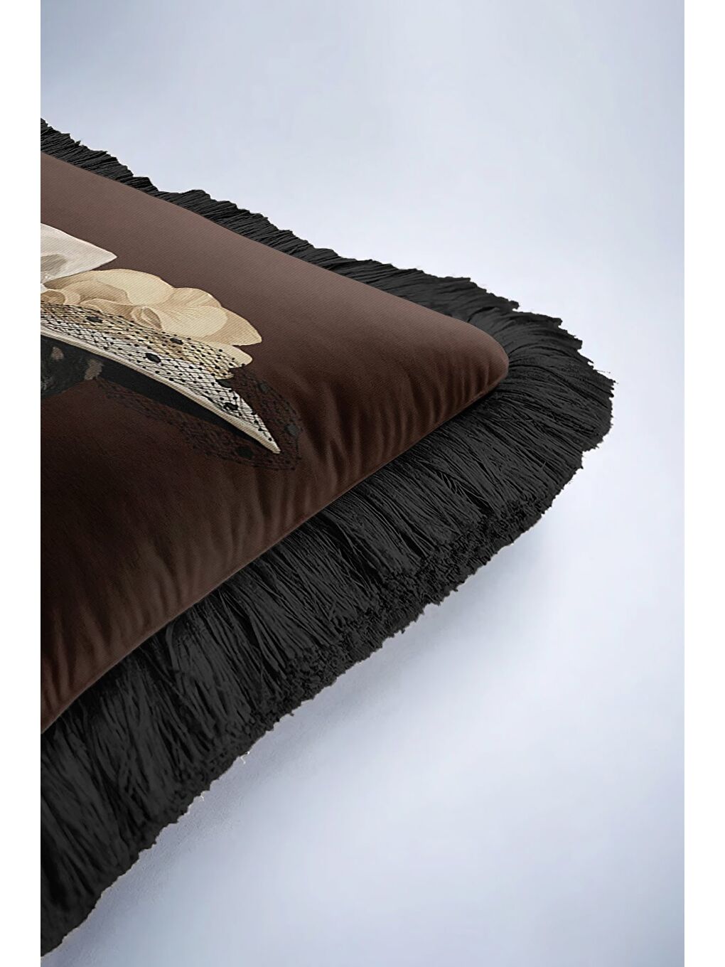 Karışık Avangart Portre Saçaklı Yastık Kılıfı - Viktoryen Stil Karamel Siyah Püsküllü Kırlent Kılıfı-6