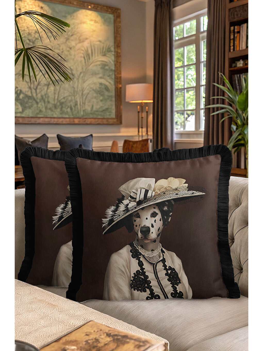 Karışık Avangart Portre Saçaklı Yastık Kılıfı - Viktoryen Stil Karamel Siyah Püsküllü Kırlent Kılıfı-7
