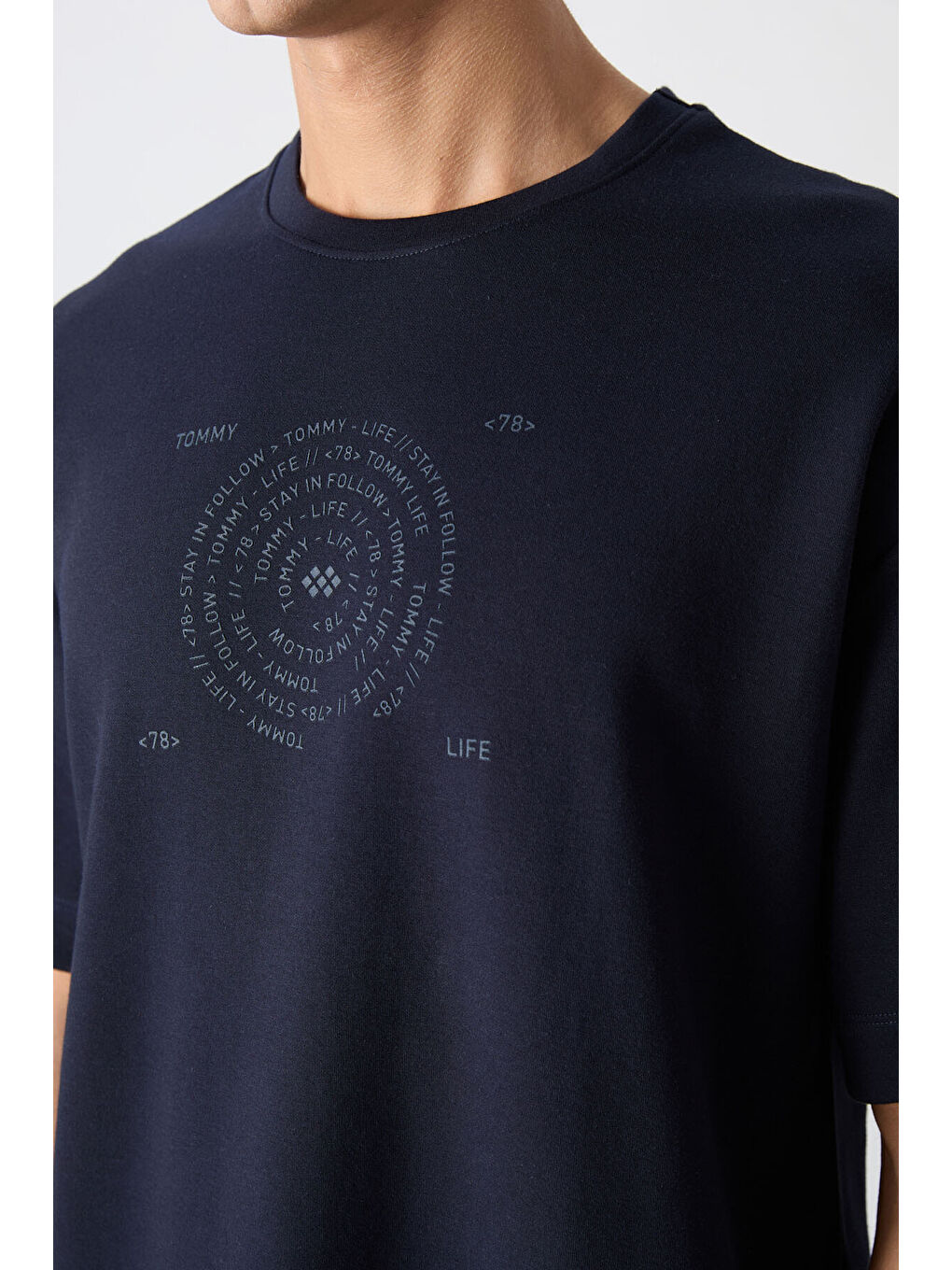 Lacivert Pamuklu Kalın Yumuşak Dokulu Oversize Fit Baskılı Erkek Tişört - 88324-2