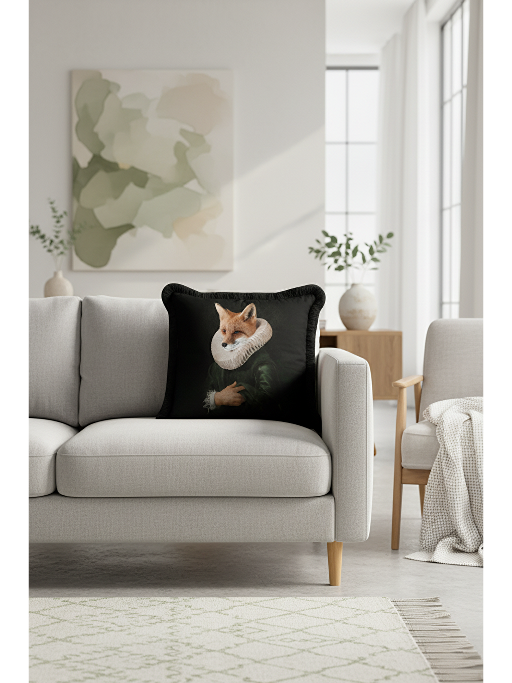 Karışık Barok Sanat Saçaklı Yastık Kılıfı - Vintage Portre Siyah Bohem Püsküllü Kırlent Kılıfı