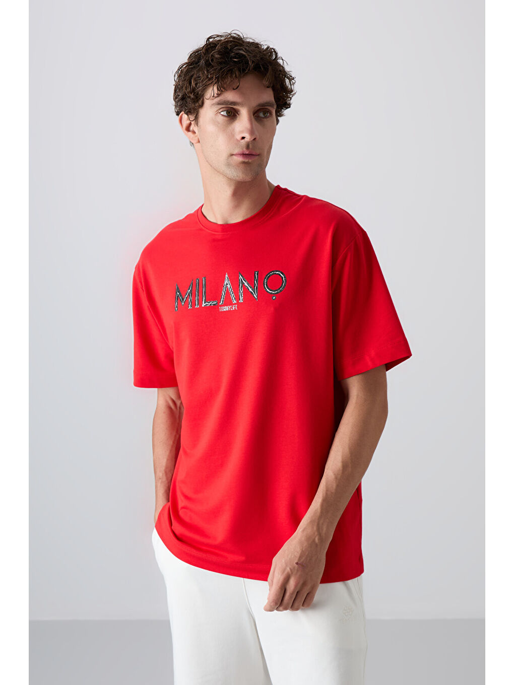 Kırmızı Fiesta Pamuklu Kalın Yumuşak Dokulu Oversize Fit Baskılı Erkek Tişört - 88345