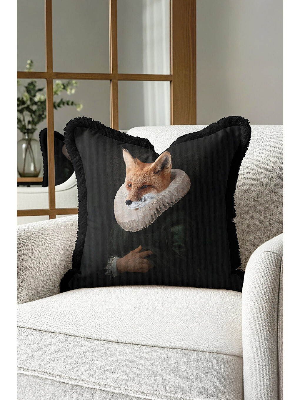 Karışık Barok Sanat Saçaklı Yastık Kılıfı - Vintage Portre Siyah Bohem Püsküllü Kırlent Kılıfı-3