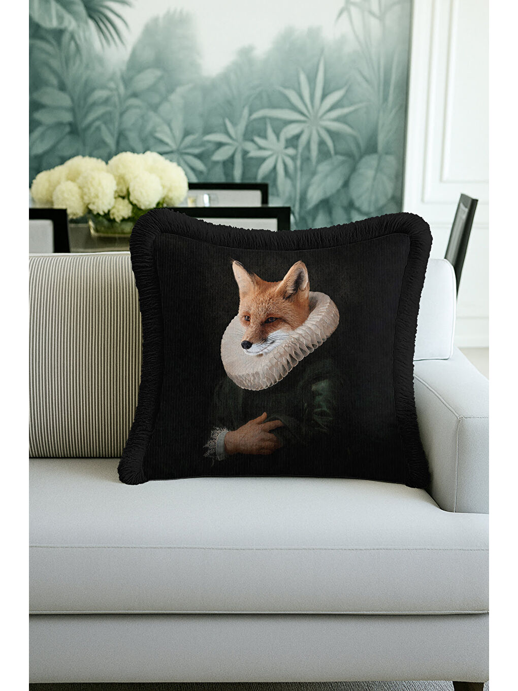 Karışık Barok Sanat Saçaklı Yastık Kılıfı - Vintage Portre Siyah Bohem Püsküllü Kırlent Kılıfı-4