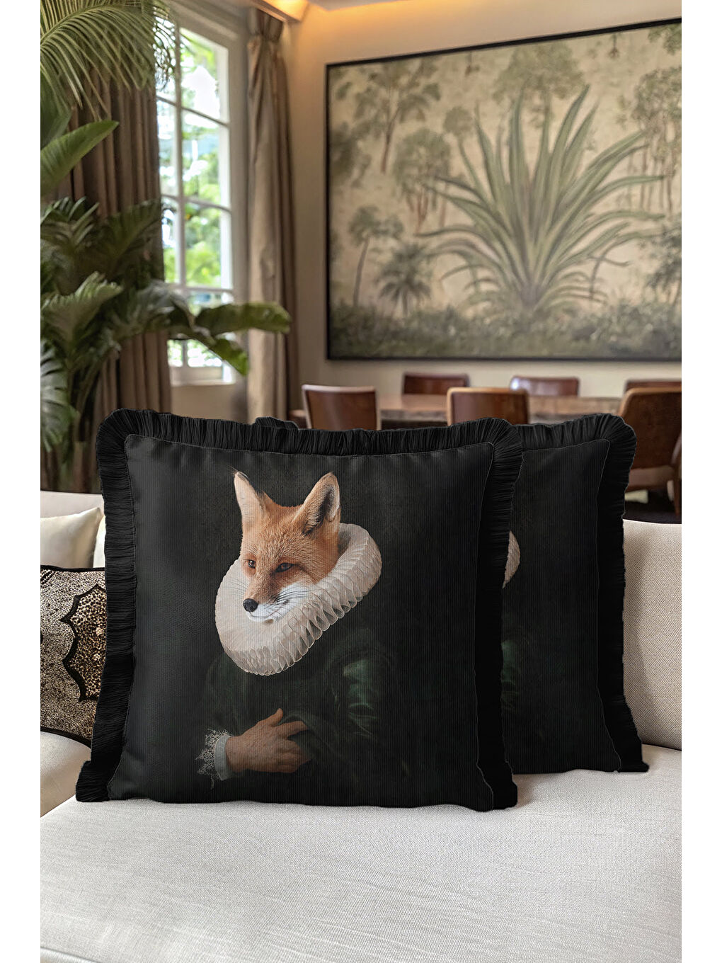 Karışık Barok Sanat Saçaklı Yastık Kılıfı - Vintage Portre Siyah Bohem Püsküllü Kırlent Kılıfı-5