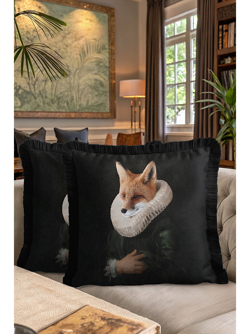 Karışık Barok Sanat Saçaklı Yastık Kılıfı - Vintage Portre Siyah Bohem Püsküllü Kırlent Kılıfı-7