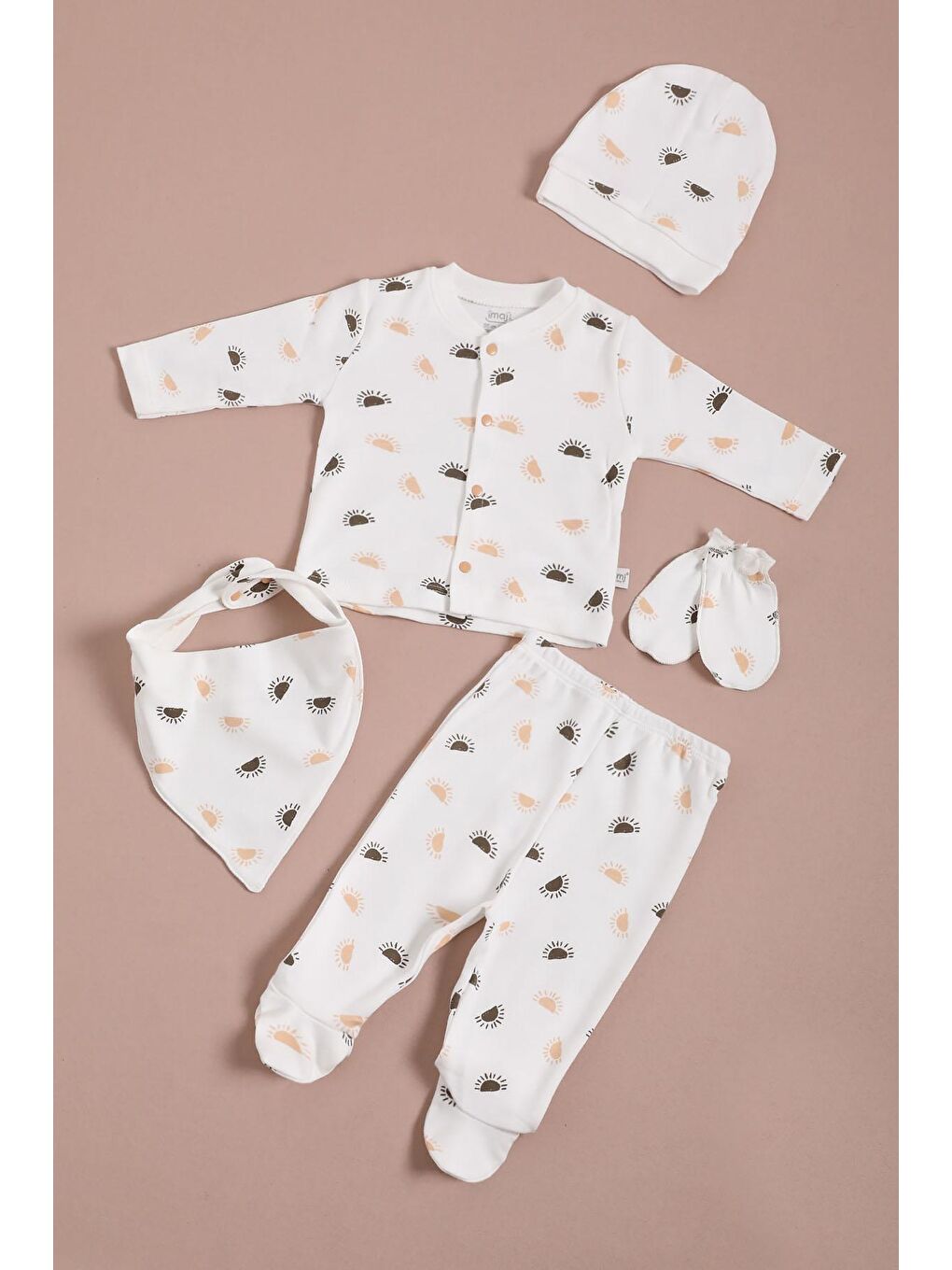 Beyaz Güneş Baskılı Patikli Yenidoğan Bebek 5li Zıbın Seti 16120