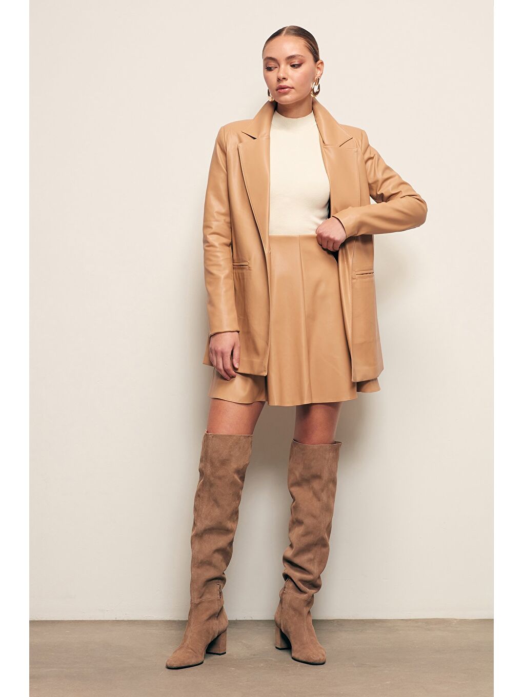 Kahverengi Mini Deri Etek - Camel-1