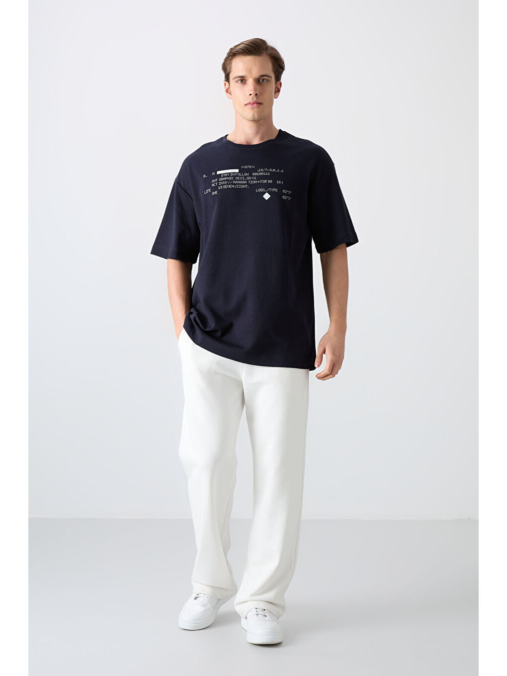 Lacivert Pamuklu Kalın Yumuşak Dokulu Oversize Fit Baskılı Erkek Tişört - 88326-1