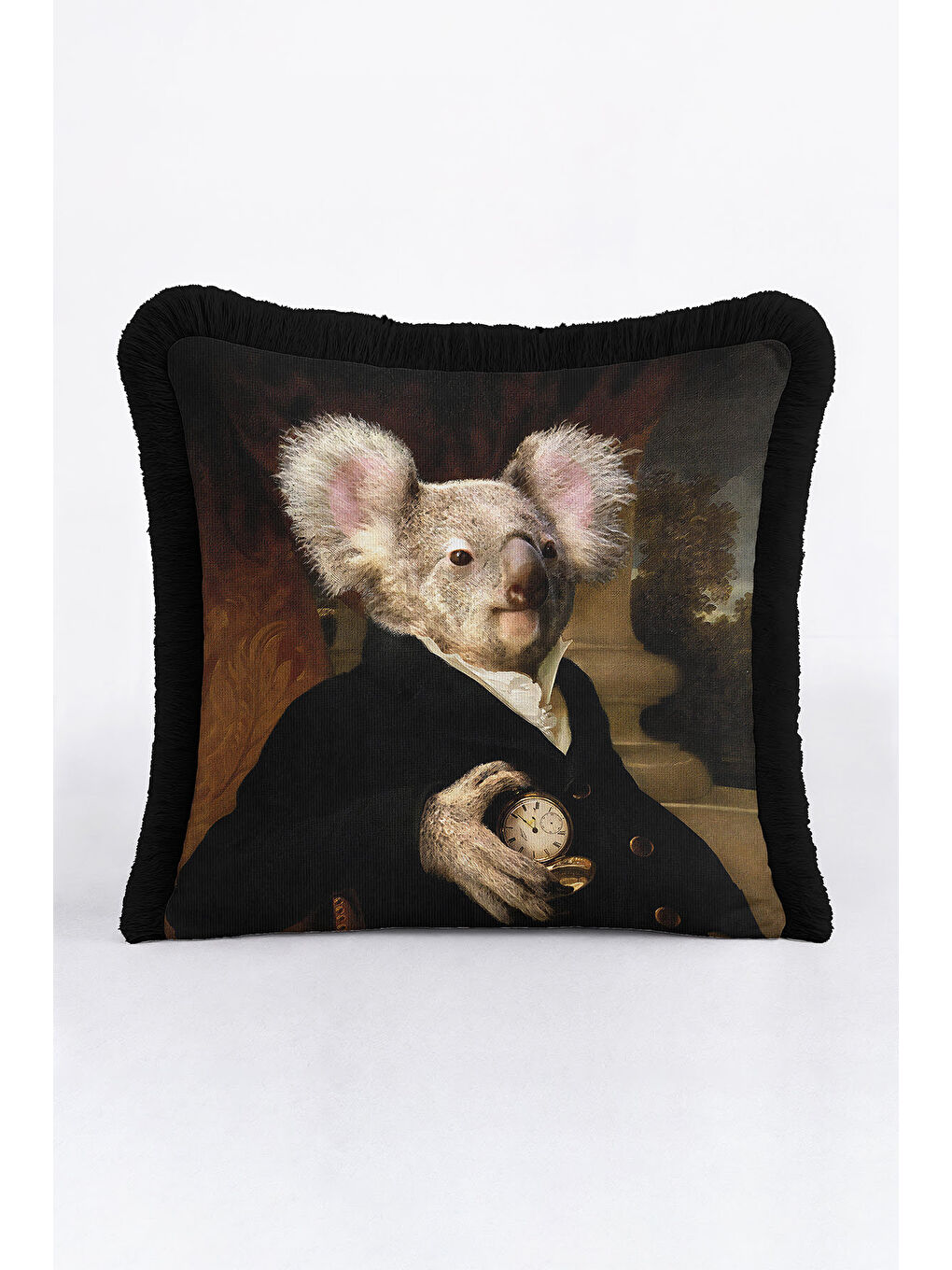 Karışık Asil Portre Hayvan Figürlü Saçaklı Yastık Kılıfı - Bohem Siyah Altın Renkli Püsküllü Kırlent Kılıfı-1