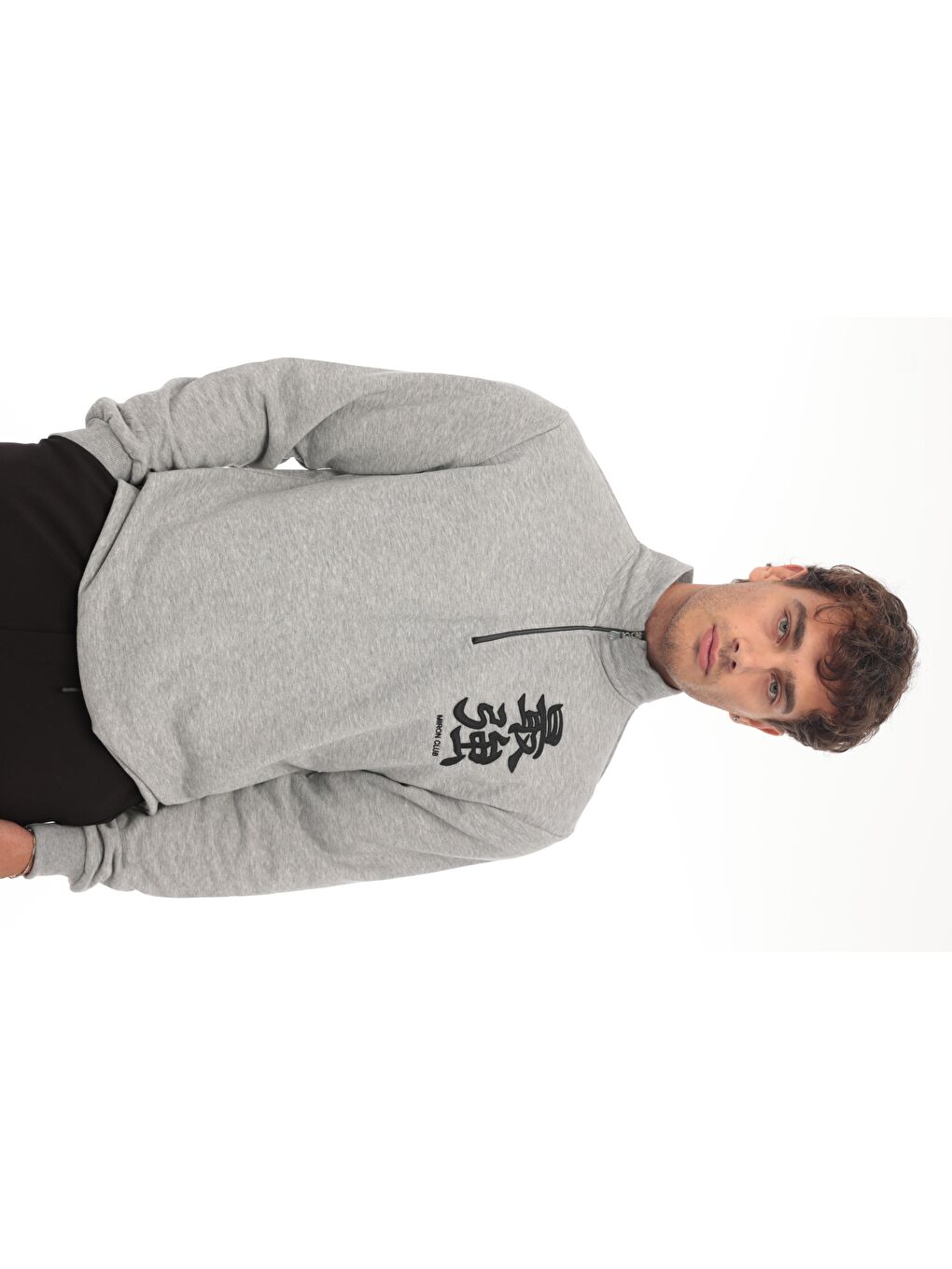 Miron Gri Üç İplik Fermuarlı Nakış Detaylı Regular Fit Sweatshirt - 2