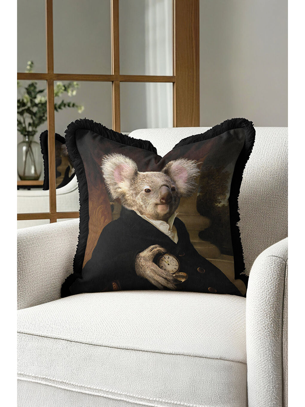 Karışık Asil Portre Hayvan Figürlü Saçaklı Yastık Kılıfı - Bohem Siyah Altın Renkli Püsküllü Kırlent Kılıfı-2