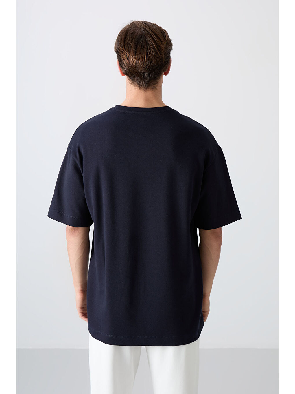 Lacivert Pamuklu Kalın Yumuşak Dokulu Oversize Fit Baskılı Erkek Tişört - 88326-4