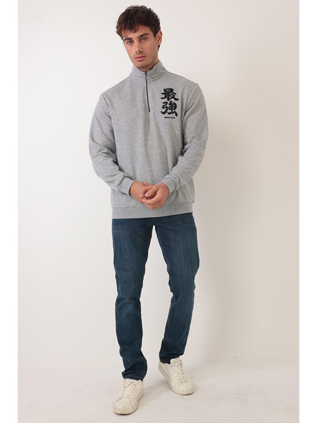 Miron Gri Üç İplik Fermuarlı Nakış Detaylı Regular Fit Sweatshirt - 3