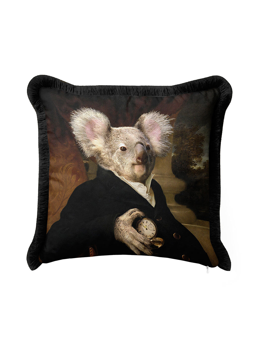 Karışık Asil Portre Hayvan Figürlü Saçaklı Yastık Kılıfı - Bohem Siyah Altın Renkli Püsküllü Kırlent Kılıfı-3