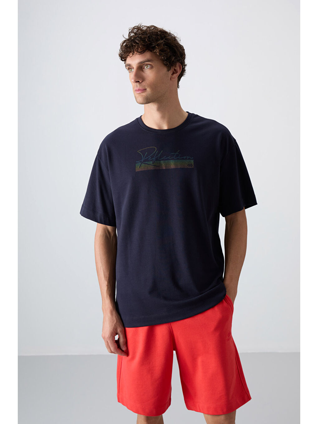 Lacivert Pamuklu Kalın Yumuşak Dokulu Oversize Fit Baskılı Erkek Tişört - 88334