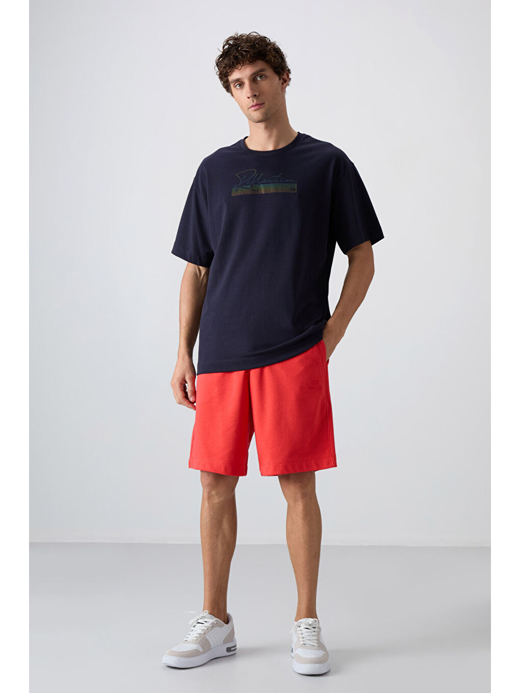 Lacivert Pamuklu Kalın Yumuşak Dokulu Oversize Fit Baskılı Erkek Tişört - 88334-1